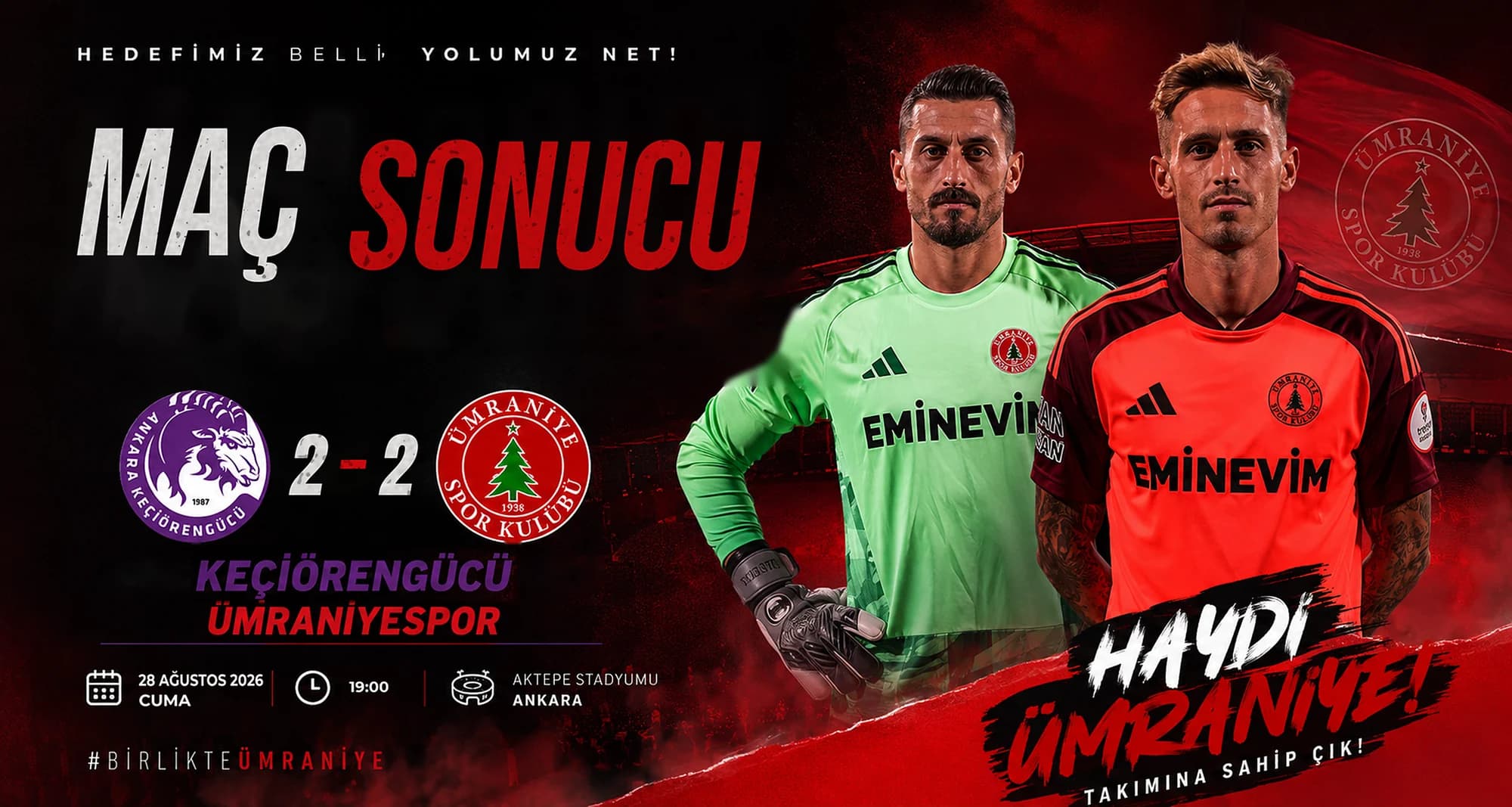 Maç Sonucu — Keçiörengücü 2 - 2 Ümraniyespor · 28 Ağustos 2026 · Aktepe Stadı