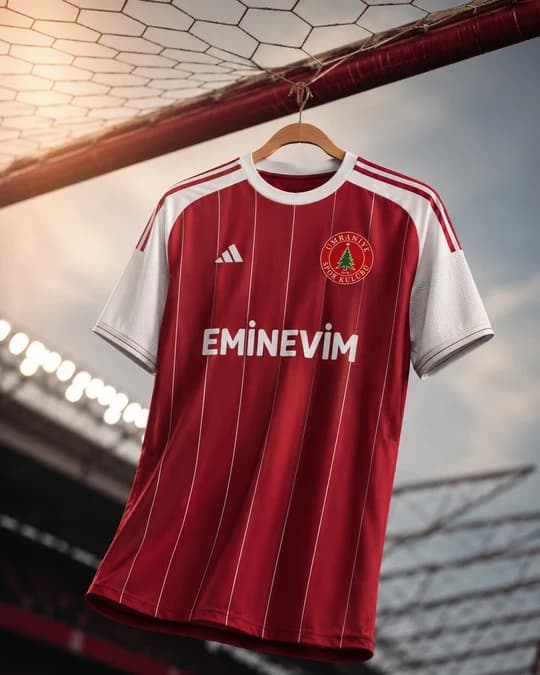 Askıda gösterilen kırmızı Ümraniyespor forması; ince beyaz dikey çizgiler, beyaz kollar ve ön sponsor baskısı.